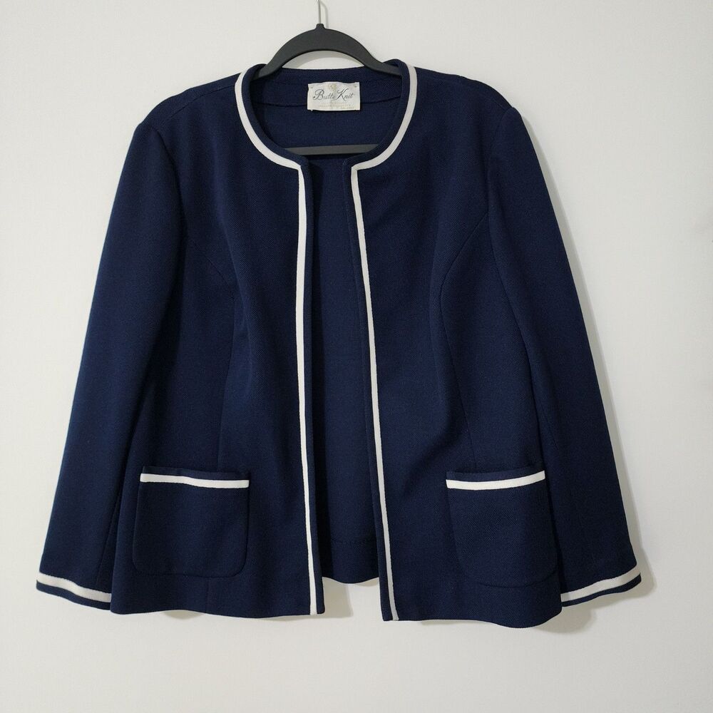 Vintage Butte Knit Womens L Open Front Jacket Navy Blue White Trim Dacron EUC